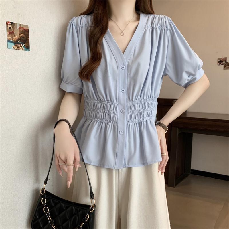200 Pounds Plus Size Elastic Waist Office Lady Trend Shirt and Blouse Short Sleeve Solid Top  Women Clothing V-neck French Chic