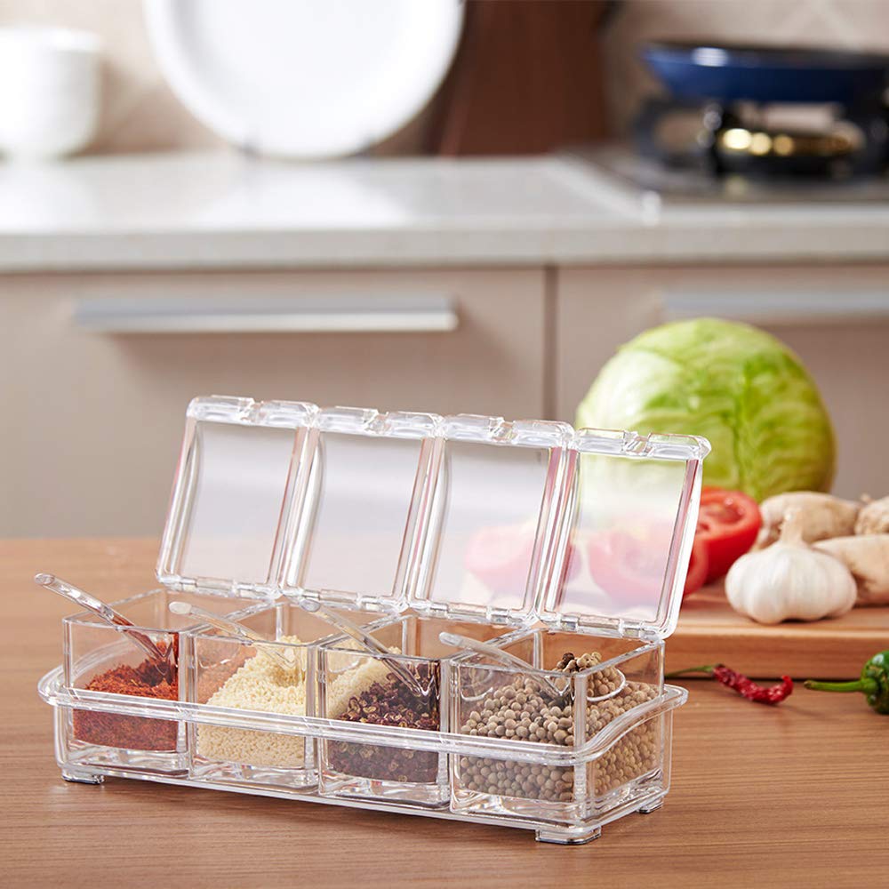 4 Pieces Clear Seasoning Box Set Crystal Seasoning Storage Container with Spoon Clear Seasoning Rack Spice Pots for Pepper Spice