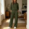 Women's Fashion Collared Long Sleeve Casual Two-Piece Set with Loose Wide Leg Pants, Color