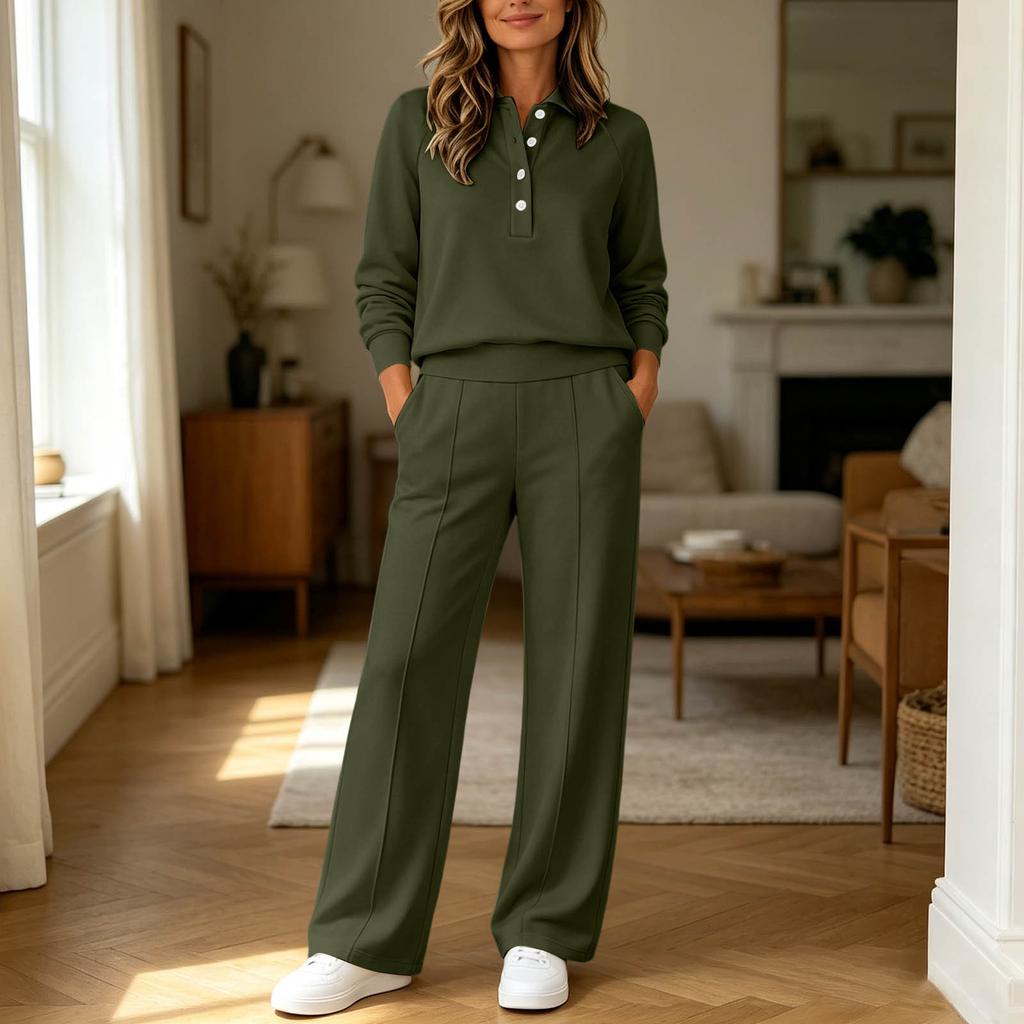 Women's Fashion Collared Long Sleeve Casual Two-Piece Set with Loose Wide Leg Pants, Color