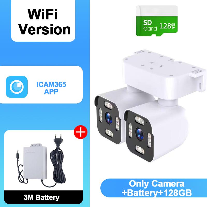 

ICAM365 APP Камера Безпеки Зовнішня Водонепроникна Подвійна Лінза HD 10 Мп 10-кратний Зум WiFi CCTV Нічне Бачення Двостороння Інтерком PTZ Віддалений Перегляд Camera+batterie+128GB