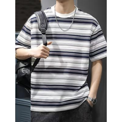 Striped Short Sleeved Round Neck T-shirt for Men's Summer New Loose Trendy Brand Men's T-shirt Top