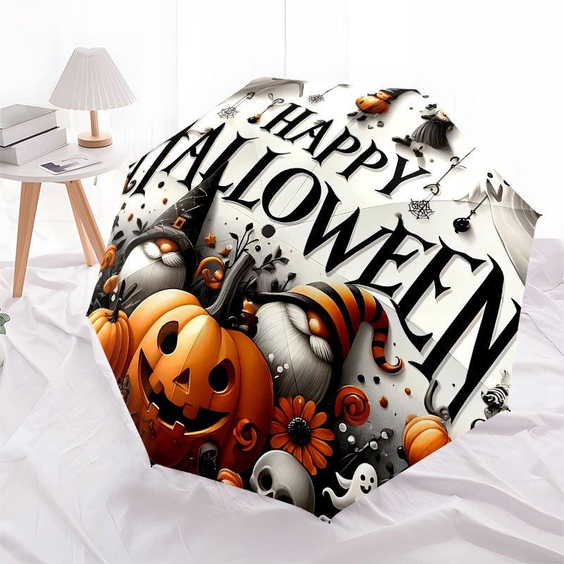 Halloween Spooky Gnomes&Pumpkins DecorUmbrella with Cute Design,Portable 3-Fold Compact Umbrella for Men&Women,Valentine's Day Mother's Day
