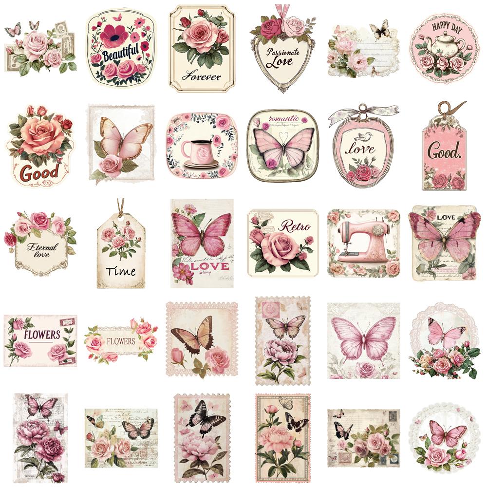 30/60PCS Retro Pink Romantic Stickers Laptop Colorful Waterproof Luggage Aesthetic Bicycle Vintage Cartoon Waterproof Sticker
