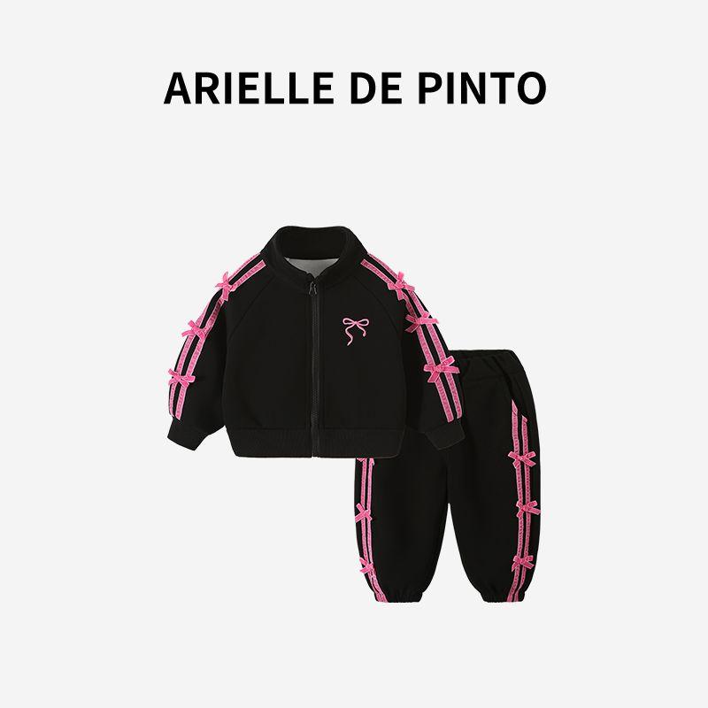 French Arielle De Pinto Girls  Side-Striped Bowknot Set, Autumn Style Fashionable Two-Piece Set for Girls Black 140