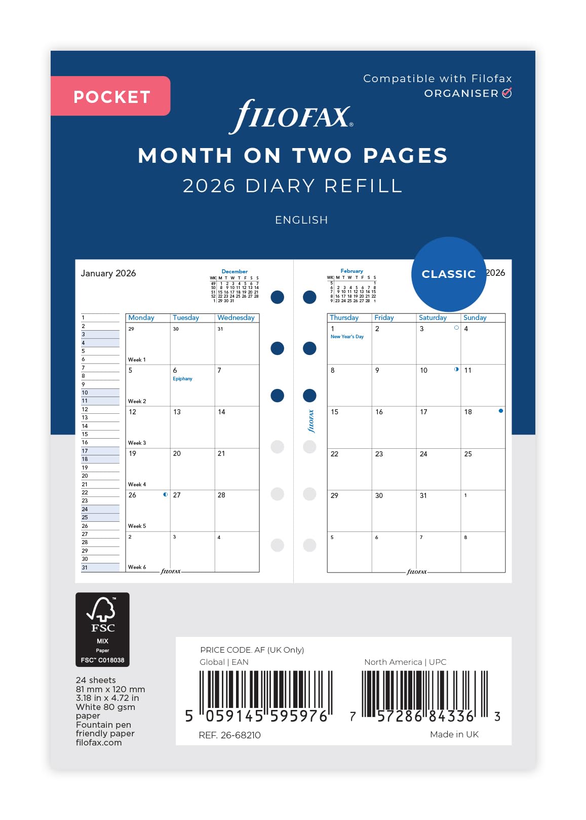Filofax System Planner Refill, 2026 January Start, Small Monthly, White, 26-68210 (Genuine Imported Product)