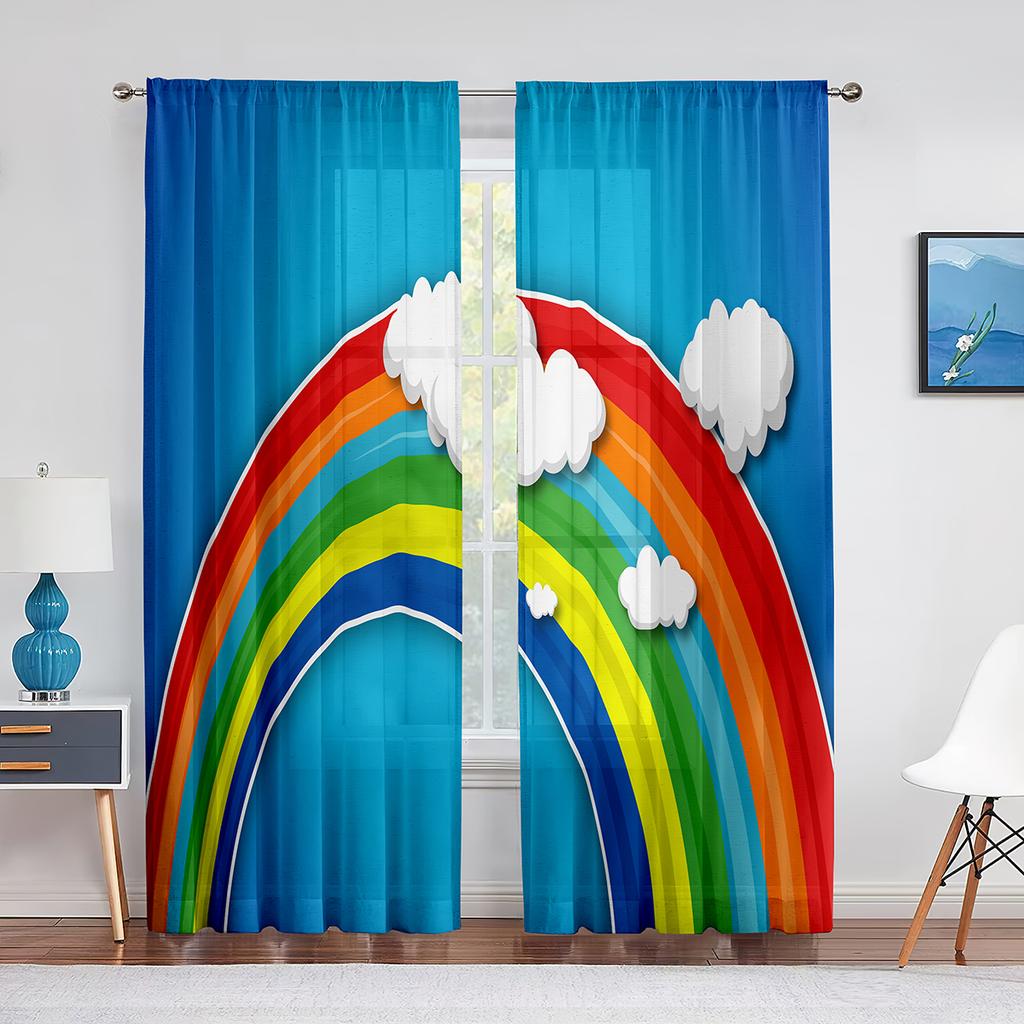 Fluffy Clouds and Rainbow Sky Tulle Curtains for Living Room Kids Bedroom Decoration Chiffon Sheer Voile Window Curtain Drapes