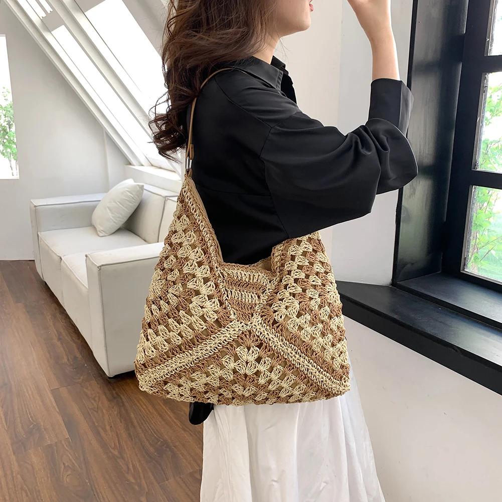 2025 Summer Straw Knitting Bag Hollow Out Tote Bag Solid Beach Shoulder Bag Holiday Travel Handbag Boho Shoulder Purse for Women