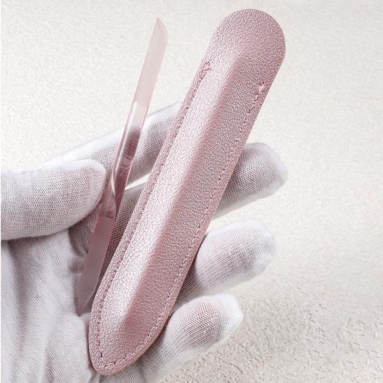 2Pcs/Set Glass Cuticle Pusher Nail File Easy Cleaning Double Sided Glass Manicure Stick with Imitation Leather Case Cuticle Remover Tool