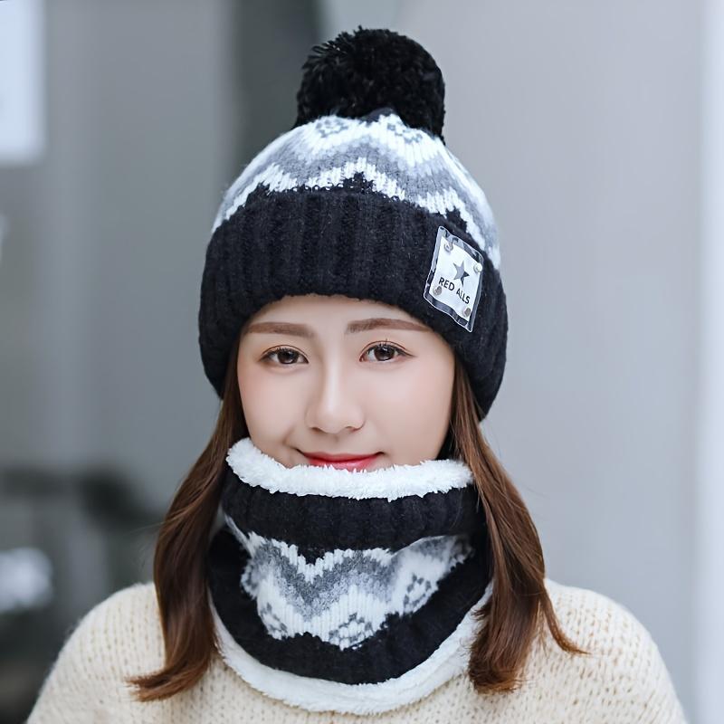 2pcs Winter Women'S Winter Hat and Scarf Set - Star Decoration Pink and White Striped Hat Soft Fleece, Elastic Stretch Fit, Comfortable Fleece Lining
