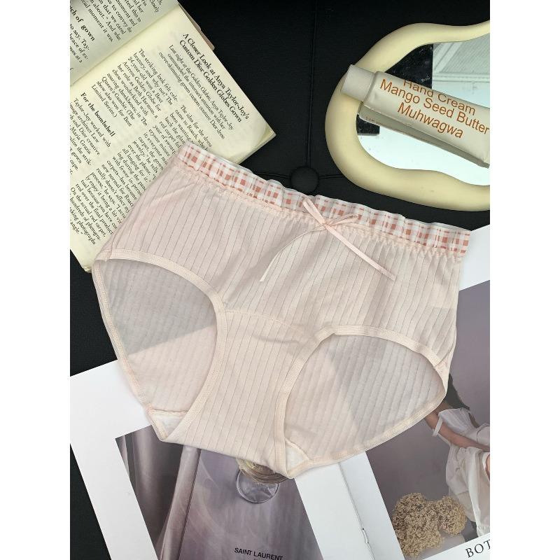 Girl Spring and Autumn Sweet Plaid Edge Splicing 10A Antibacterial Wrapped Hip Mid Waist Triangle Briefs