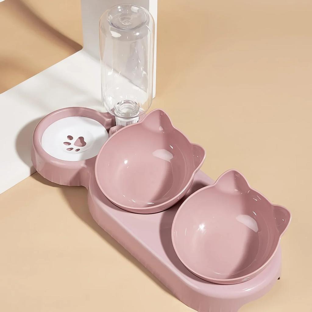 Cat Bowl, Double Bowl, Pet Bowl with Automatic Water Dispenser, Three In One Tilted Cat Water and Food Bowl Cat and Dog Supplies