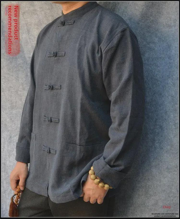 Chaqueta Tang de Algodón-Lino de Manga Larga para Hombre - Estilo Retro Chino Primavera Blazer Zhongshan