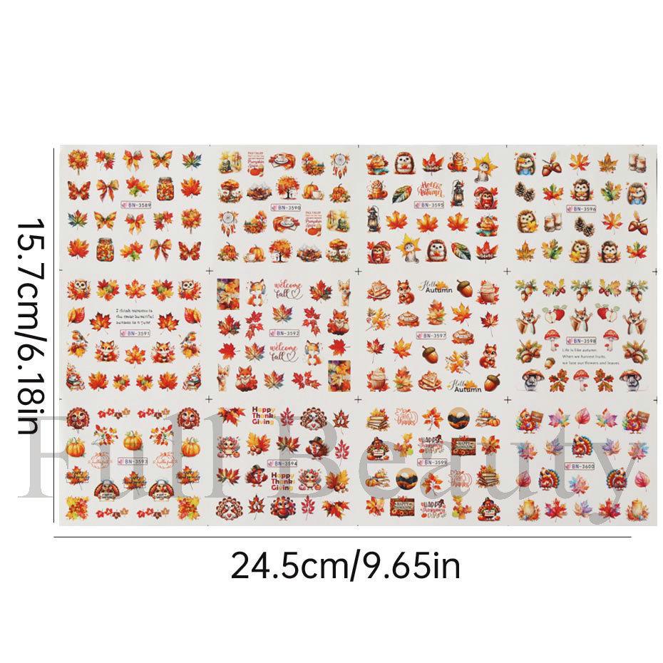 Nail Art Stickers Ins Autumn Gold Falling Maple Leaf Fox Owl Nail Water Transfer Sticker