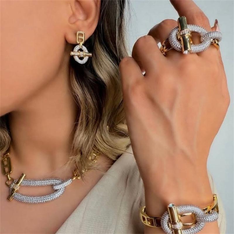 18k Gold Plated Copper Zircon OT Buckle Necklace Bracelets Ring Earring For Women Party Banquet Jewelry Set Accessory