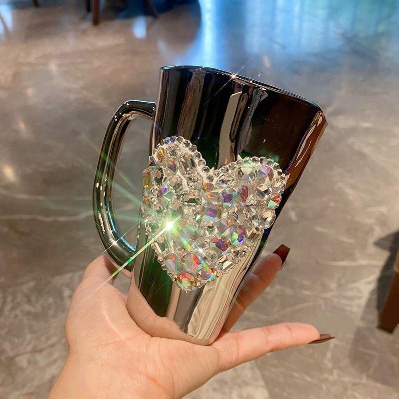 Sparkling Heart Diamond-encrusted Glass Coffee Mug Cup Light Luxury Tempered Glass Milk Tea Beverage Cup With Handle Water Mugs