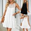 Women Summer Dress Sleeveless O Neck Crochet Lace Splice Casual Solid Color Beach Mini Dress