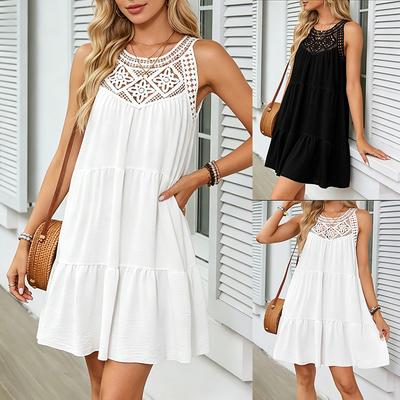 Women Summer Dress Sleeveless O Neck Crochet Lace Splice Casual Solid Color Beach Mini Dress