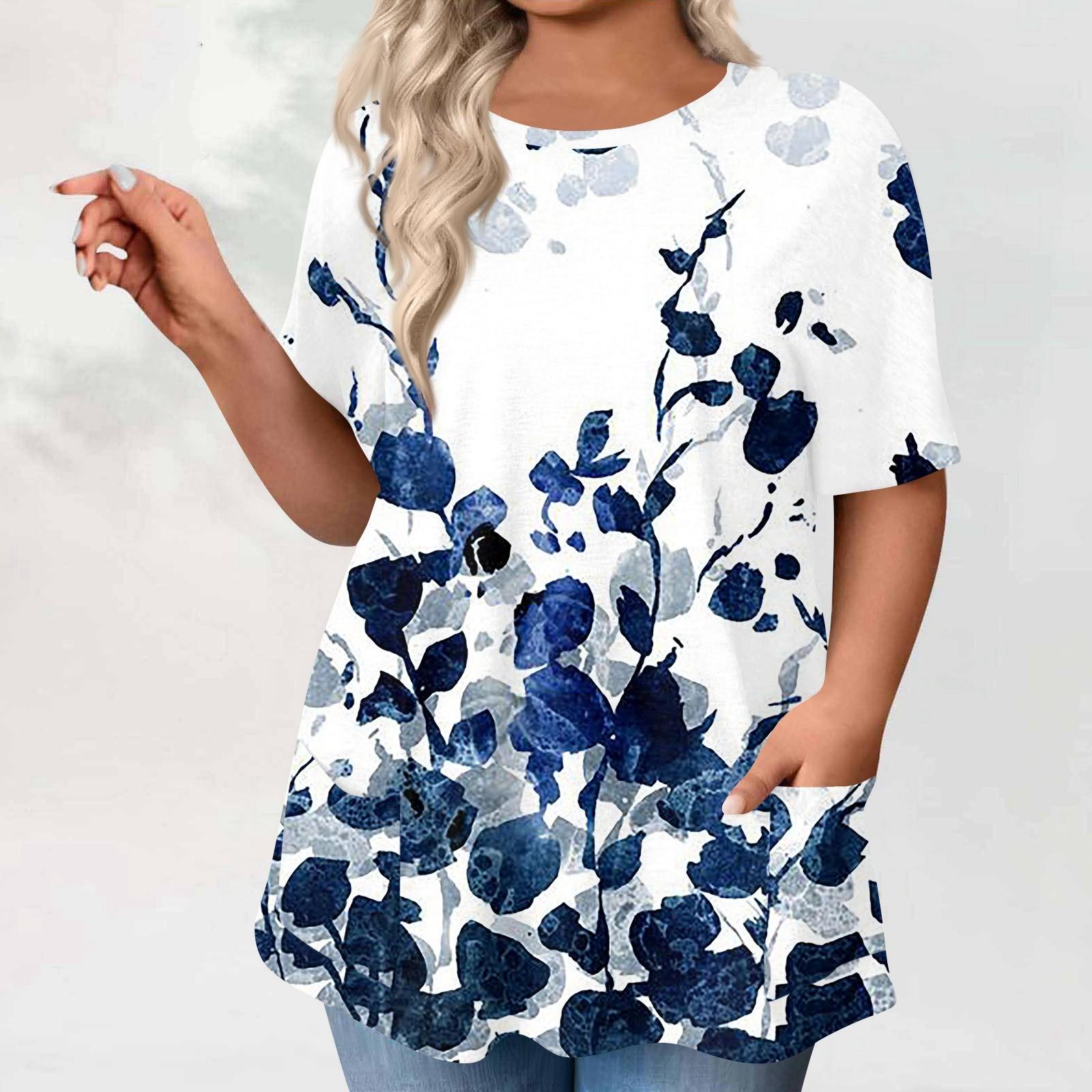 

Жіночі Топи Великого Розміру Футболки з Коротким Рукавом Круглий Виріз З Принтом Повсякденні Кишені Одяг Одяг Топи L