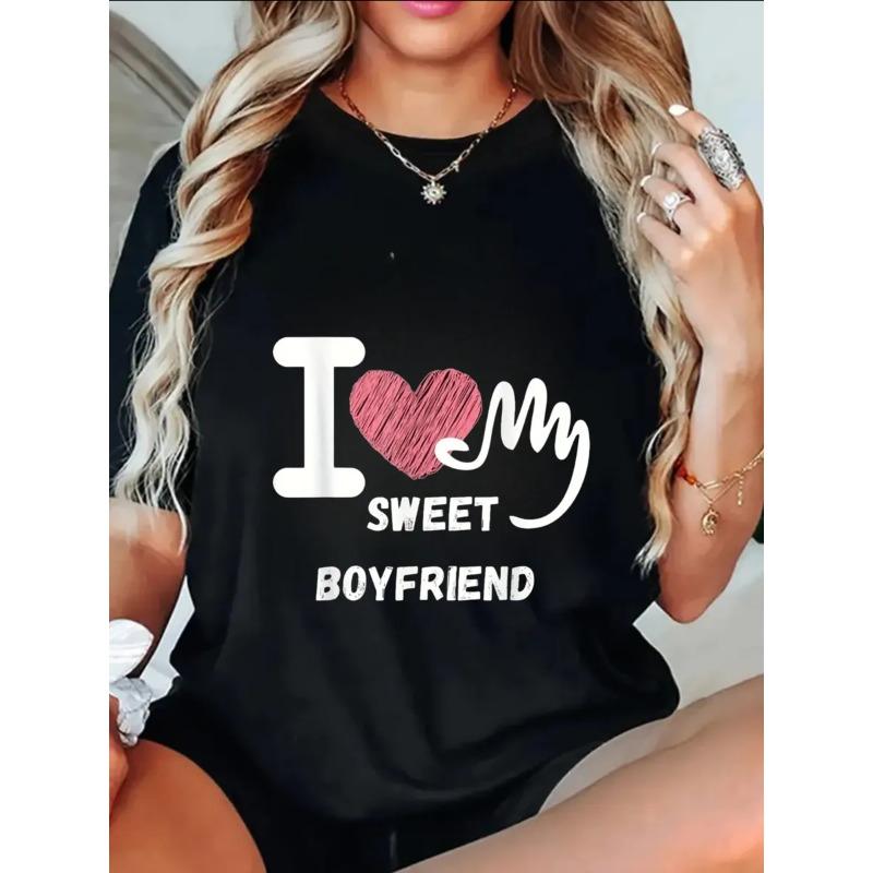 Oversize Women's Short-Sleeve T-Shirt with Pink Heart "I Love My Sweet Boyfriend" Text Print