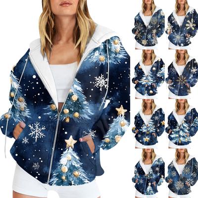 Damen Weihnachts-Sweatshirt mit Aufdruck Winter Langarm Strickjacke Jacke mit Taschen Reißverschluss Kapuzenpullover Oberbekleidung