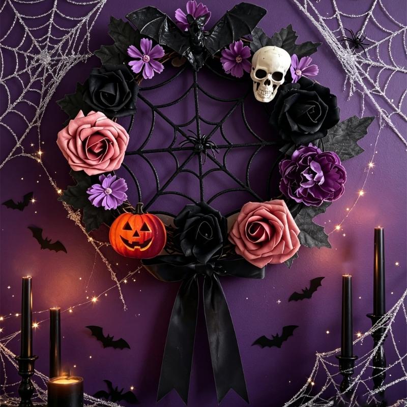 Artificial Skull Halloween Wreath, Dark Flower Wreath for Door, Wall and Entryway Decoration, Halloween Party Backdrops Store Window Display