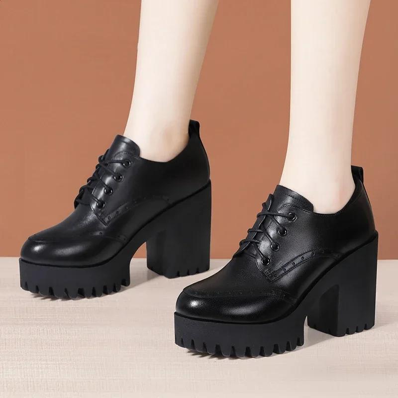 10cm Small Size 32-43 Brogues Vintage Deep Mouth Platform Pumps 2025 Fall Block High Heels Shoes Women Oxfords Office Model Mom