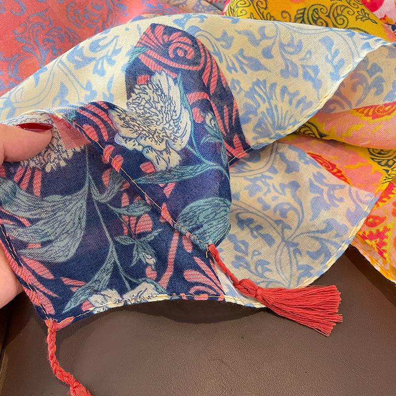 Damen Schal aus Baumwolle und Leinen im Ethno-Stil: Frühling/Herbst, doppelt verwendbar, warmes Quasten-Accessoire.