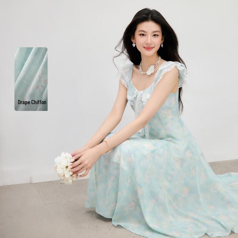 Autumn Water Yiren Floral Lace Ruffle Strap Dress M небесно-голубой