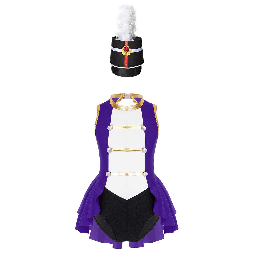 Girls Flag Raiser Performance Costume: Round Neck Cutout Back Sleeveless Leotard & Matching Feather Hat for Cosplay Dress Up