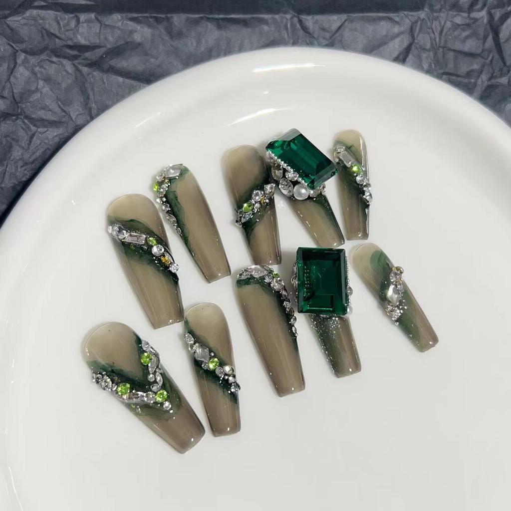Wearing Armor Pure Handmade Manicure Finished Fake Nail Patches High-end Light Luxury Chinese Style Dark Green Square Diamond Flash K9 Diamond