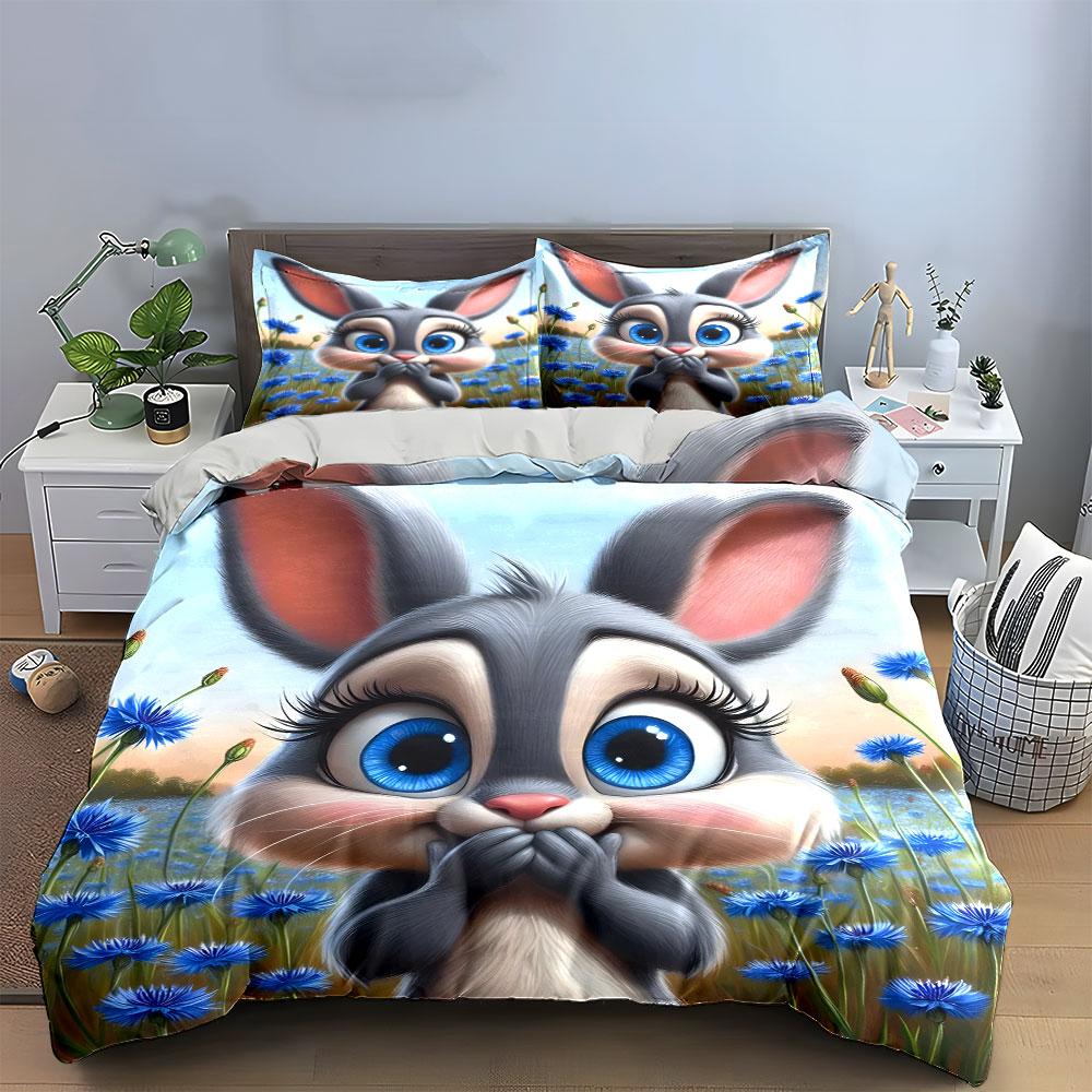 Charming Bunny Trio For Springtime Adventures Exquisite Three-Piece Bedding Set Gift For Kids And Adults