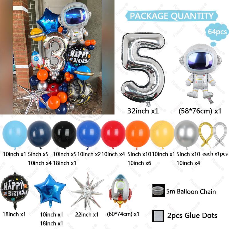 64pcs Astronaut Rocket Balloon Silver Number Birthday Balloon Set Space Theme Party Decoration Children's Party Supplies