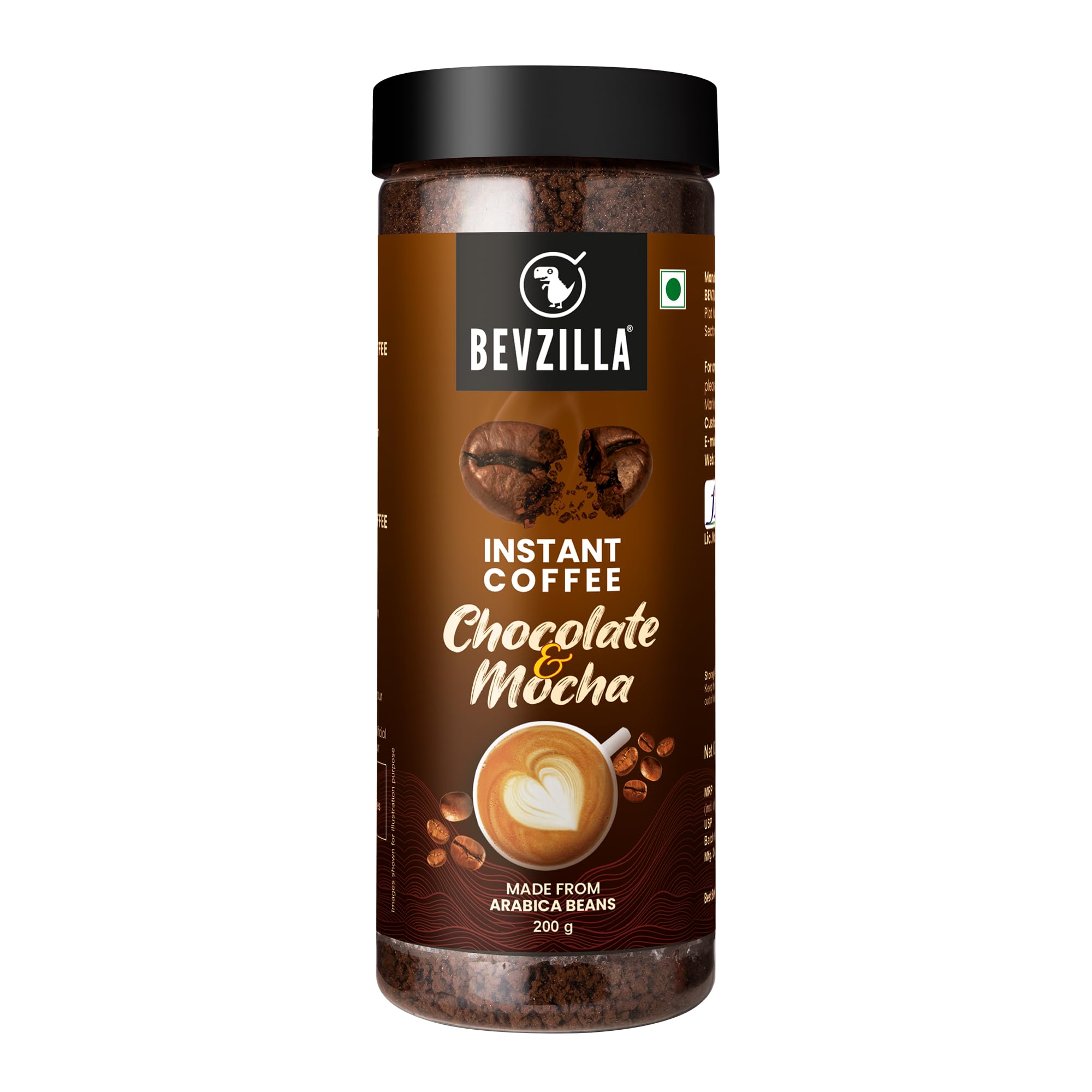 Bevzilla Chocolate & Mocha (Choco-Mocha) Instant Coffee Powder Jar - 200g | Arabica Beans with Chocolaty Twist | Perfect for Espresso, Latte & Capp