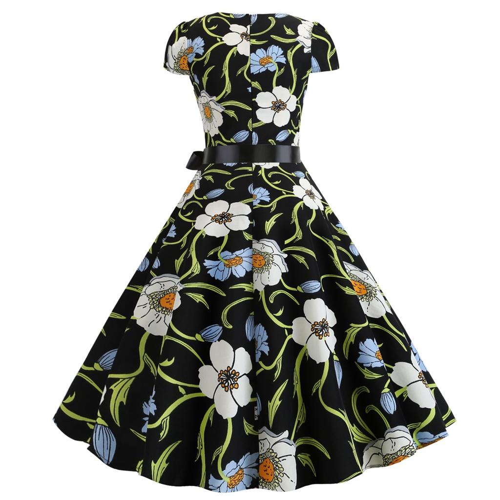 GMXIA Vintage Women's Dress with Half Open Collar Sleeve Full Print Skirt with Black Ribbon