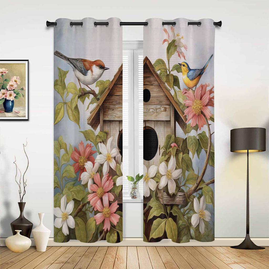 Spring Vintage Birdhouse Flowers Birds Window Curtains for Living Room Luxury Bedroom Curtain Kitchen Blinds Drapes Curtains
