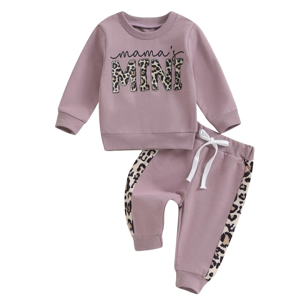 Toddler Girl Fall Clothes Letter & Leopard Print Long Sleeve Pullover Strap Pants 2 Pcs Outfit