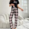 2 Pcs/Set Women Top And Pants Suit Summer Pajamas Set Plaid Trousers Round