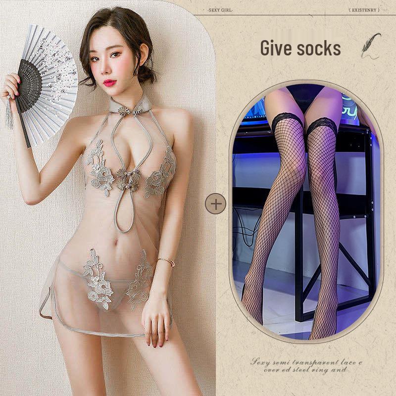 Elegant Lace Mesh Cheongsam Set: Sexy European & American Style with Classical Embroidery