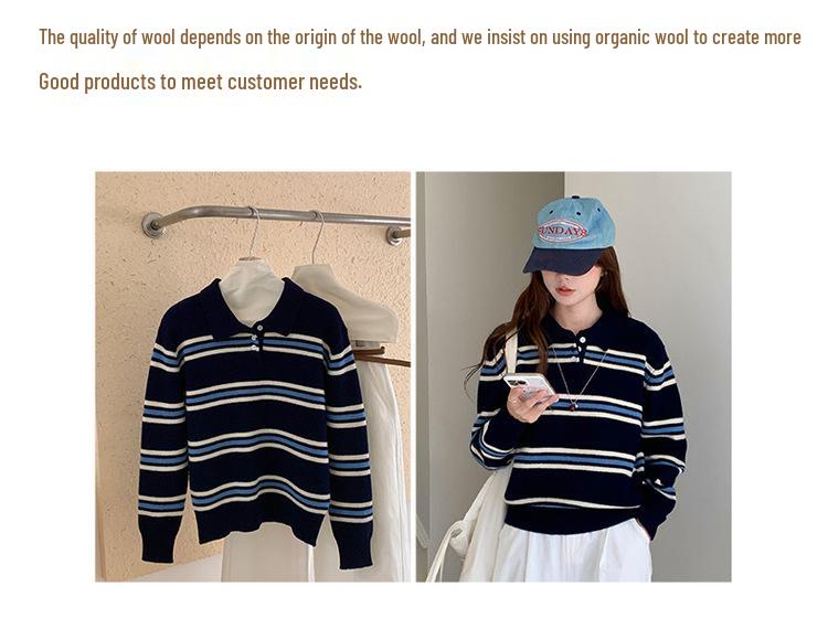 Women's Striped Wool Polo Collar Knit Top - European & American College Style, Autumn/Winter