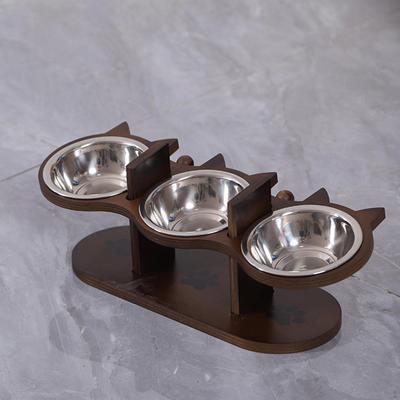 Elevated Pet Bowl with 3 Stainless Steel Bowls Wood Stand Cat Feeding Station Raised Dog Feeder