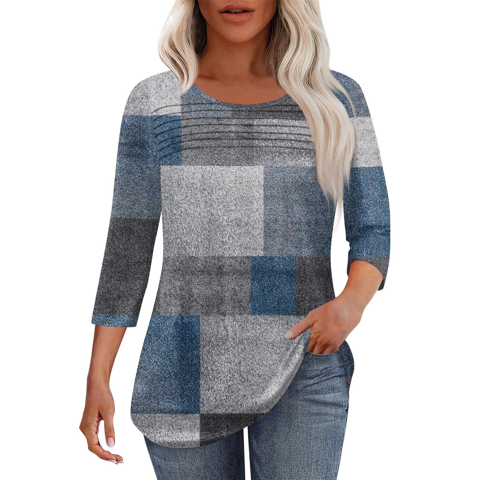 

Женская мода круглый вырез шея плиссированная передняя планка с принтом рукав 3/4 топ L синий