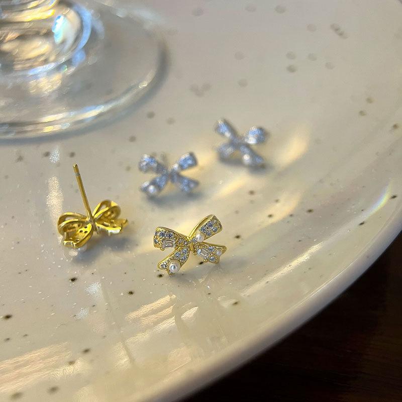 Sweet Girl Heart Bow Earrings Pearl Earrings Retro Style Lazy French Style