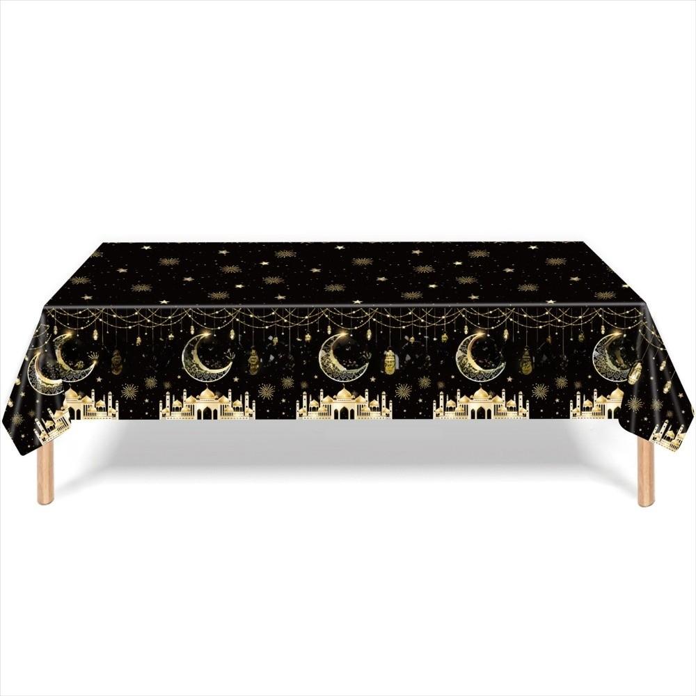 

Waterproof Eid Mubarak Tablecloths Disposable Ramadan Decoration Moon Tablecloths Party Supplies style 1-Black Gold
