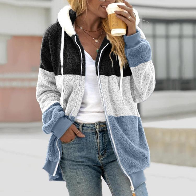 Women's Hooded Large Zip Jacket Loose Multicolor Paneled Plush Size