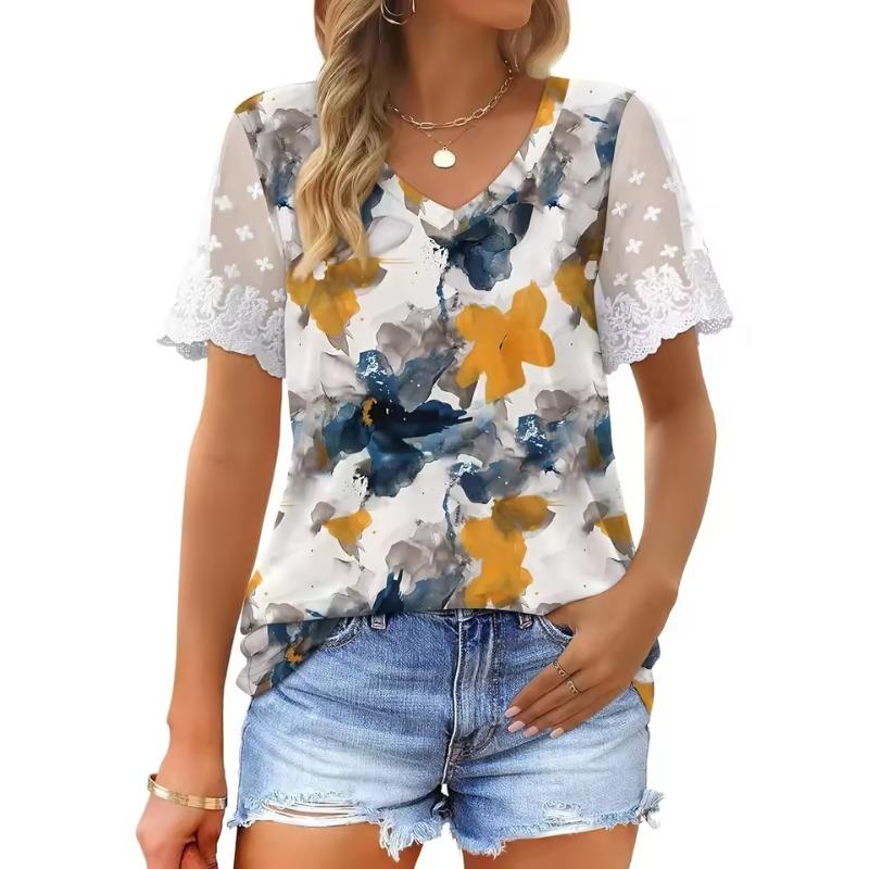 

Футболка женская летняя повседневная элегантная простая с V-образным вырезом и короткими рукавами с тропическим растительным принтом свободная повседневная женская футболка 5XL