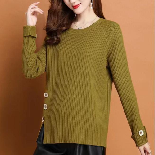 Fall/Winter Women's Crewneck Sweater Loose Slit Knitwear Pullover Solid Color Stretch Knit Top