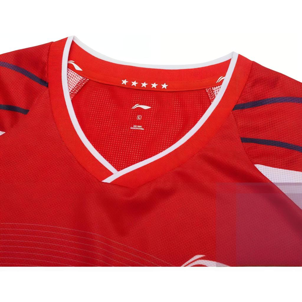 Li-Ning Striped Print Logo Quick-Dry V-Neck Short Sleeve T-Shirt Men Tops Red AAYS237-2