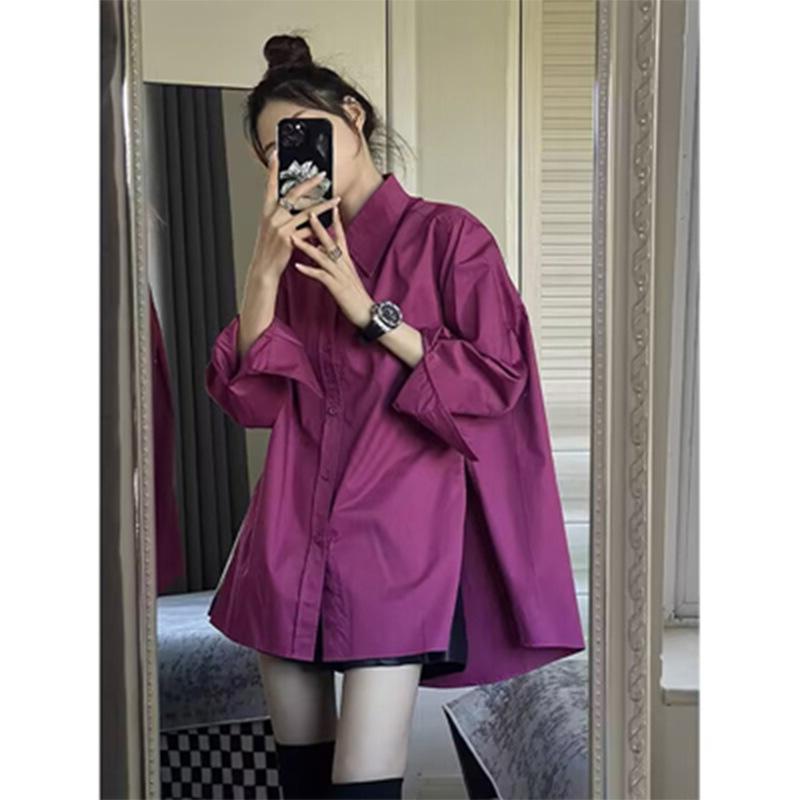 Women Luxury Fuchsia Button‑Up Shirt, Turn‑Down Collar Long‑Sleeve Loose Unique Design Casual Sun‑Protection Fashion Outerwear Blouse