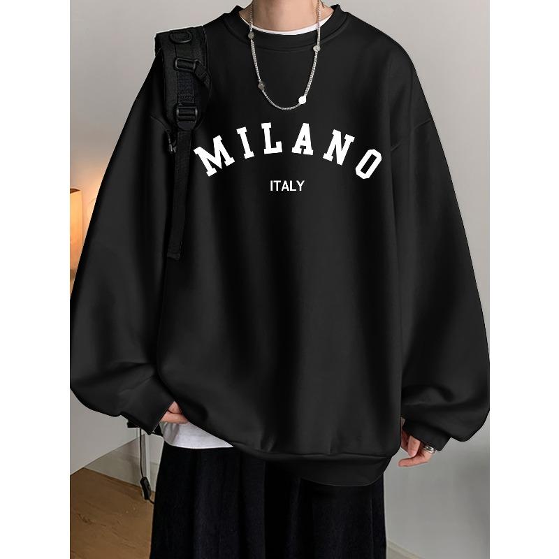 Men'S Fashion Creative Minimalist Curved Milan Print Sports Casual Commuting Versatile Long-Sleeve Loose Round-Neck Sweatshirt